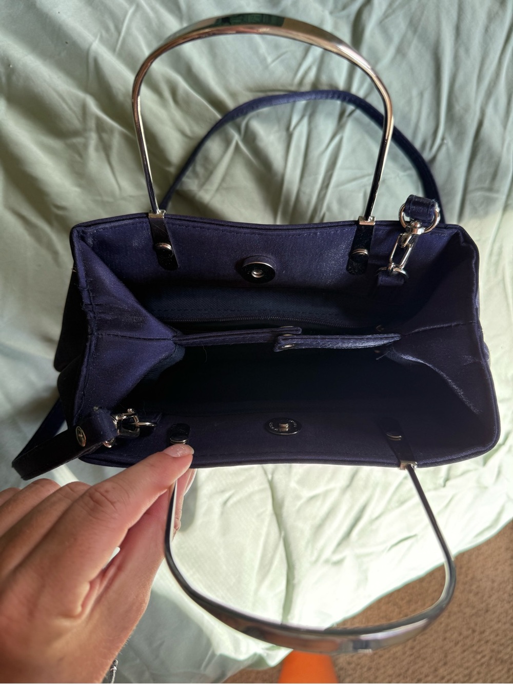 Structured Navy Shoulder Bag with Silver Tone Handles - Picture 6 of 9